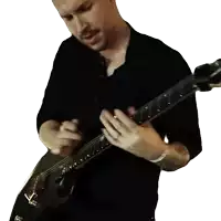 a man in a black shirt is playing a black guitar