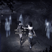 two girls holding hands in a dark room with the words idk how to explain it i get it below them