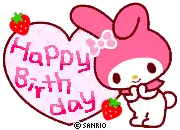 a drawing of a pink bunny with strawberries and the words happy birthday