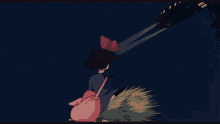 a girl with a red bow is flying on a broom in front of a plane