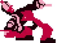 a pixel art of a red and black character with a sword
