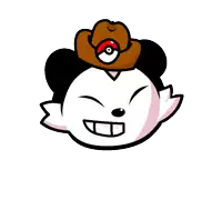 a cartoon character wearing a cowboy hat with a pokeball on top