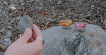 a person is holding a rock in front of two cups that have a face on them