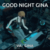 a cartoon of a girl sitting at a desk with the words good night gina va gina written on it .
