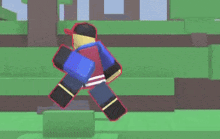 a cartoon character is running in a video game with trees in the background .