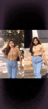 two pictures of a woman standing next to each other on a sidewalk
