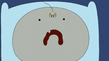 a cartoon character laying in bed with a spider hanging from his head