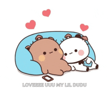 a couple of bears laying next to each other with the words loveeee uuu my lil dudu