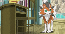 a cartoon wolf stands in front of a desk and chair