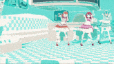 a pixel art of three maids dancing in a room with a checkered floor