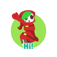 a cartoon character with a green hair and a red hood says hi