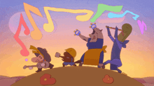 a group of cartoon characters are playing musical instruments and dancing