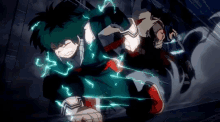 a cartoon character with green hair is flying through the air with lightning coming out of his arms .