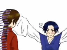 a cartoon of a man in a red jacket and a blue shirt standing next to each other .