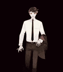 a man in a white shirt and black tie stands in front of a smoke coming out of his pocket