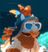 a cartoon character wearing sunglasses and a hat with a bow