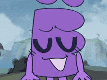 a cartoon drawing of a purple cartoon character with the letter b on it