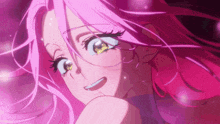 a close up of a girl with pink hair and blue eyes
