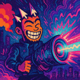 a cartoon of a man with a crown on his head is holding a cannon