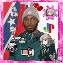 a picture of a man in a beanie is surrounded by anime characters and logos including playstation and specmafia