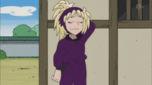 a cartoon character in a purple outfit stands next to another character in a purple outfit
