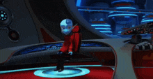 a cartoon character is sitting in a red chair in a room with a blue background .
