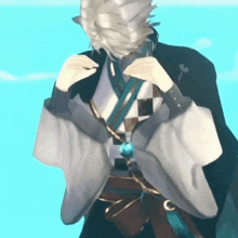 a man in a kimono is standing in front of a blue sky with his hands on his hips .