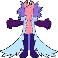 a drawing of a cartoon character with a purple coat and blue wings