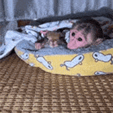 a small monkey is laying in a dog bed on a wicker mat .