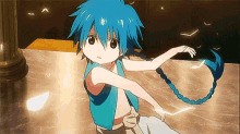 a boy with blue hair is sitting on a table with his arms outstretched .