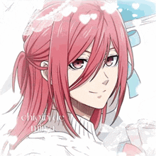 a drawing of a girl with long red hair and the word chigiri on the bottom right
