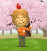 a cartoon character with a red apple on his head is standing in a park