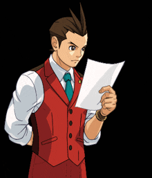 a man in a red vest and tie is reading a paper