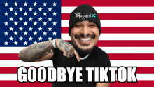 a man in front of an american flag with the words goodbye tiktok below him