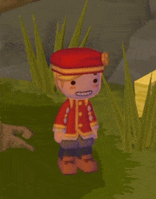 a cartoon character wearing a red jacket and hat with the letter c on it