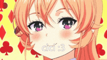 a close up of a girl 's face with the words cici 3 on it