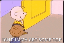 charlie brown and snoopy are standing next to each other in a room .