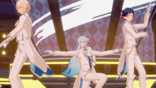 three anime characters are dancing on a stage with the words rainbow circus written on the bottom
