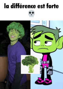 a picture of a man with green hair and a picture of a cartoon character with broccoli