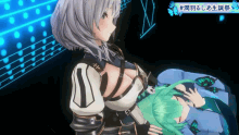 a video game character is holding another character in her arms with a blue background .