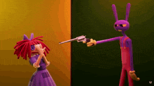 a purple rabbit is pointing a gun at a pink doll