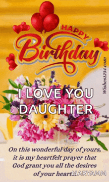 a birthday card for a daughter with a bouquet of flowers and balloons