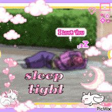 a pixel art of a person laying on the ground with the words " sleep tight "