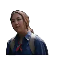 a woman with a backpack and the words " as ta ga " behind her