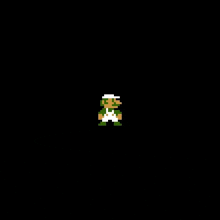 a pixel art of a man wearing green overalls and a white hat on a black background .