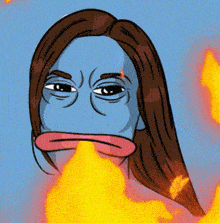 a cartoon of a woman with long hair and a blue face with flames coming out of her mouth