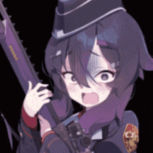 a girl with purple hair is holding a gun with a sticker on it that says ' sniper '