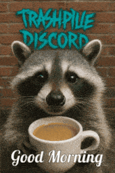 a raccoon is holding a cup of coffee in front of a trashpile discord poster