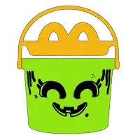 a green bucket with an orange handle and a monster face on it