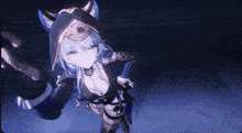 a girl with a hood on her head is holding a sword in her hand